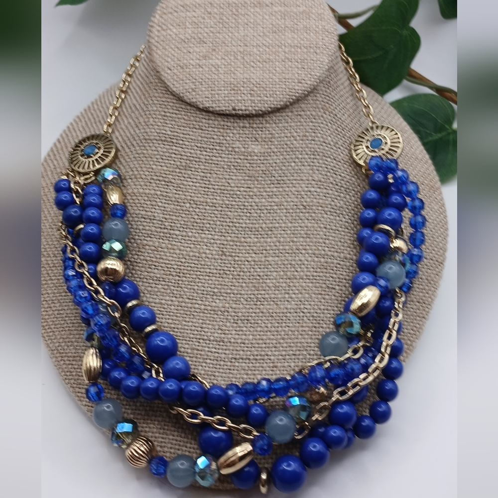Multi-Layer Statement Necklace Blues & Gold Tone Statement Necklace By Chico's